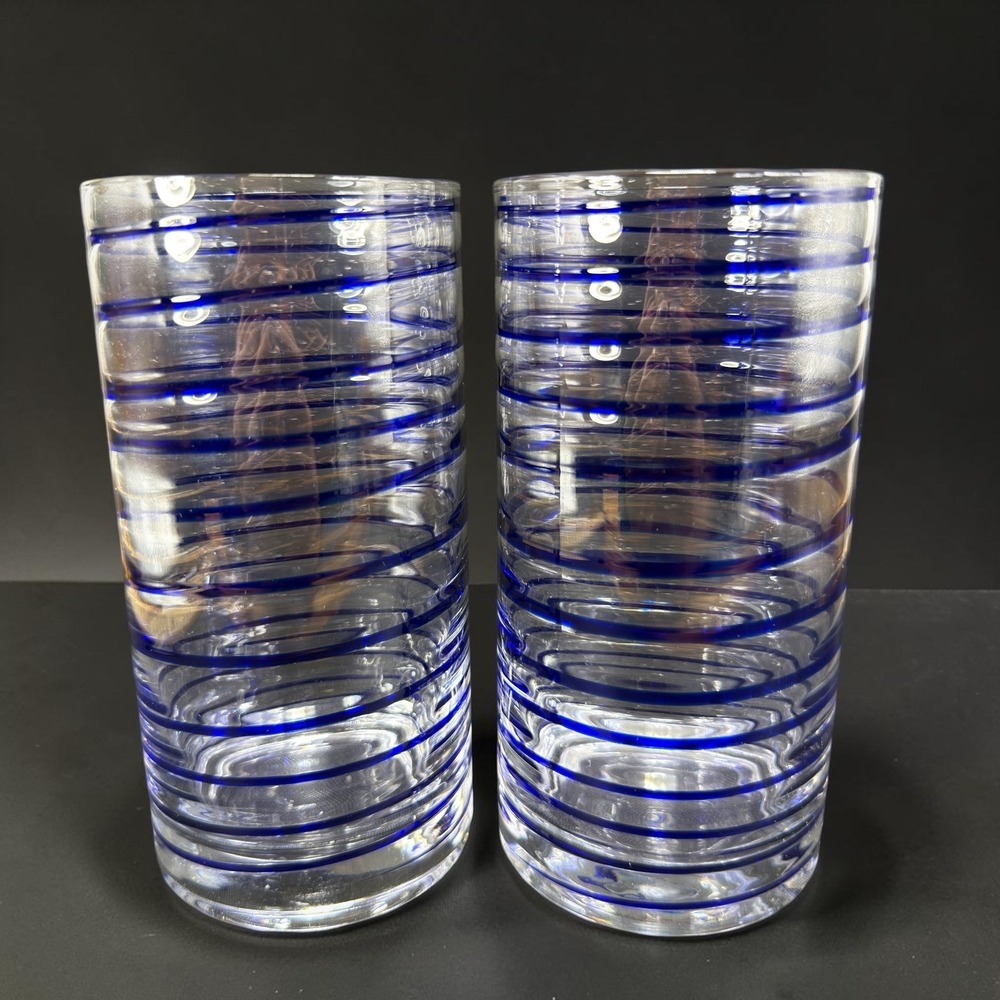 Kate Spade Lenox Cobalt Blue Swirl Highball Glasses Set of 2 Clear Crystal 6in